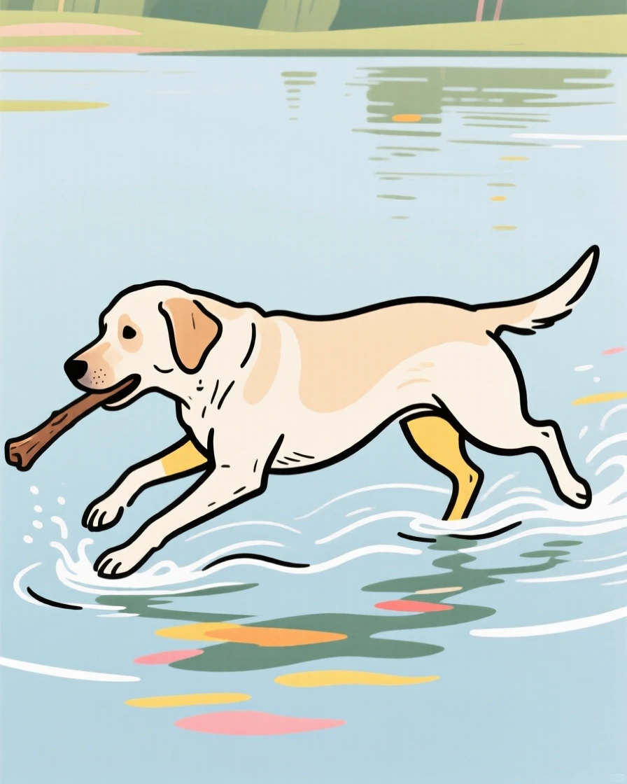 A Labrador retriever fetching a stick from a lake.