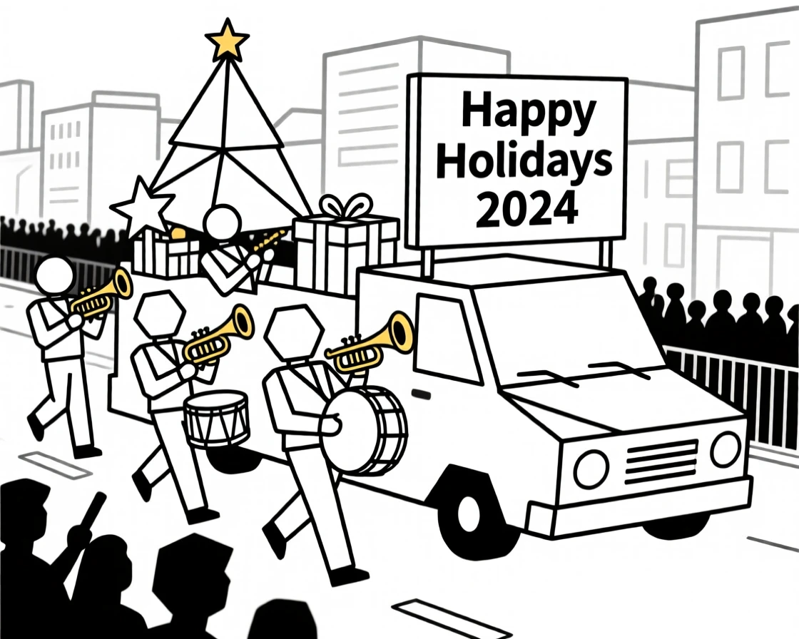A festive holiday parade with marching bands and floats