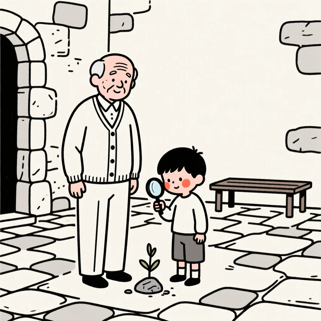 A grandfather and grandson, full of curious wonder, in an old stone courtyard.