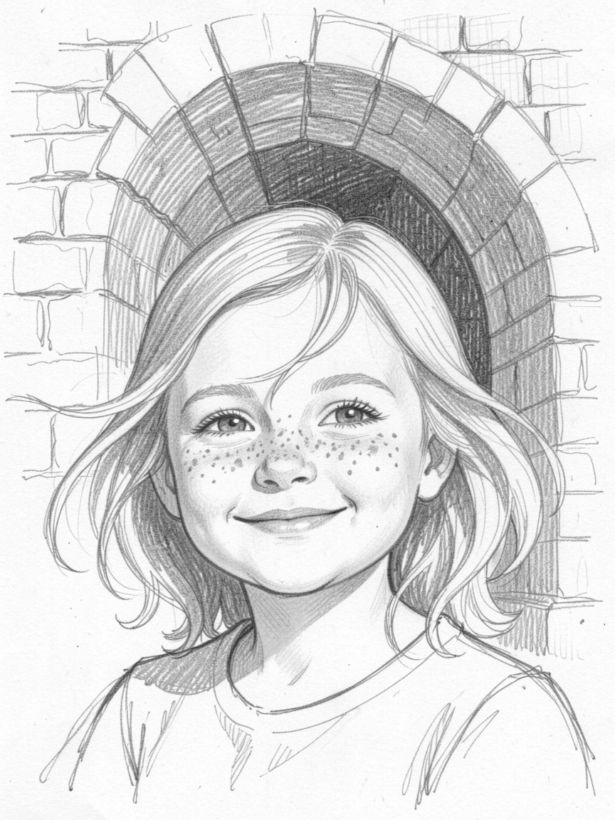A tender portrait of a joyful little girl with freckles, with wind gently tousling their hair, near an ancient stone archway.