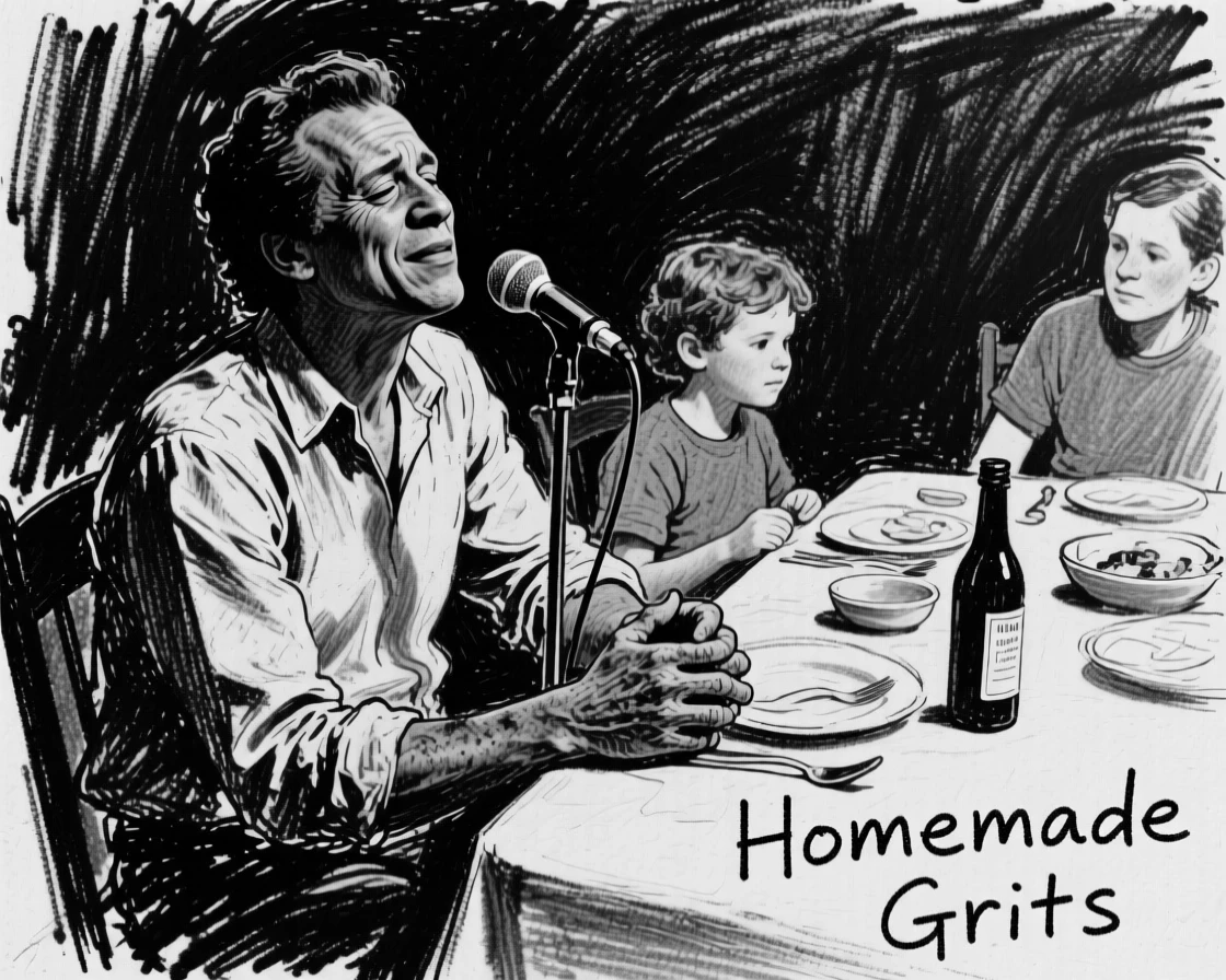 A jazz singer resting after a hard day's work, hands calloused and proud, at a family dinner table.