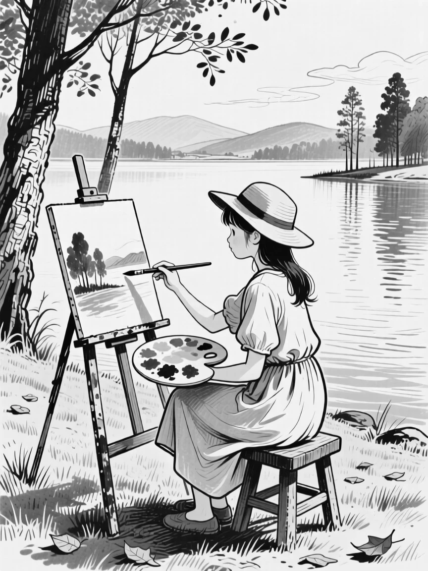 A girl painting a landscape on an easel set up beside a lake.