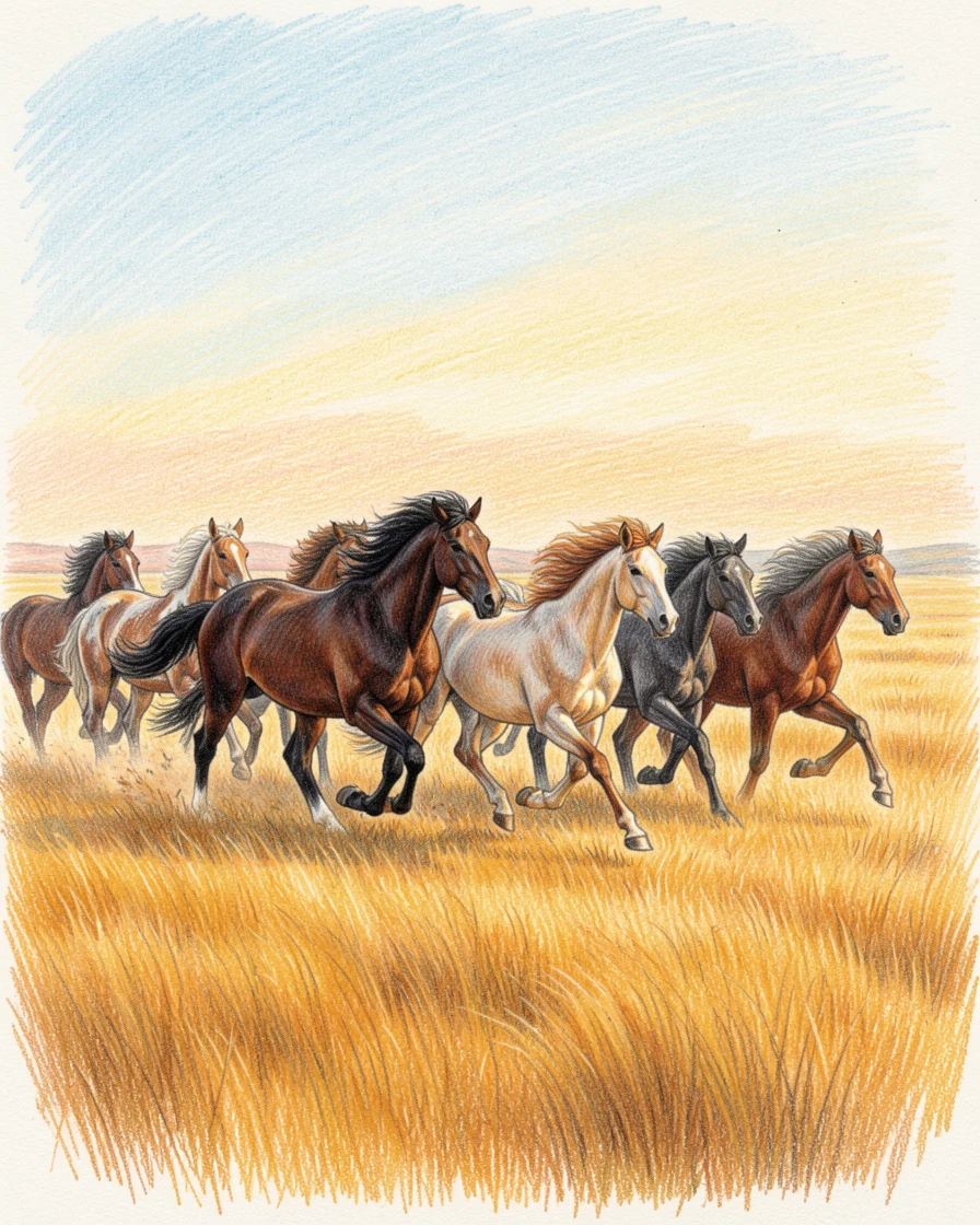 A herd of wild horses running across an open golden plain, bathed in the warm glow of early morning or late afternoon light, celebrating the simple beauty of the animal world.
