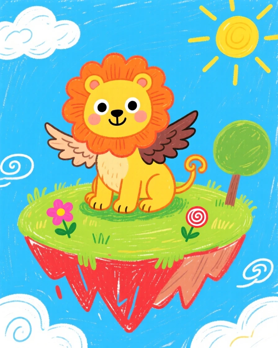 A playful griffin cub atop a floating island in the sky.