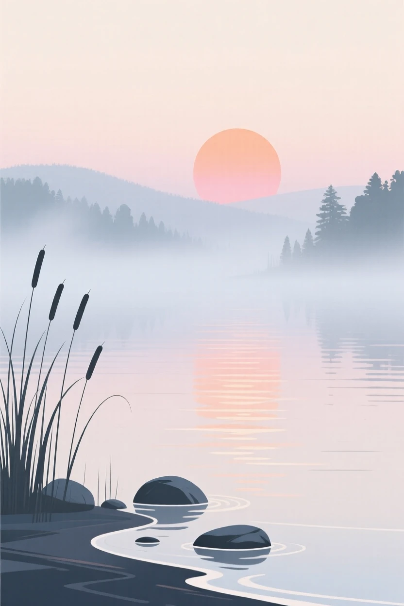 A misty lake shore at sunrise with soft light filtering through the morning fog.