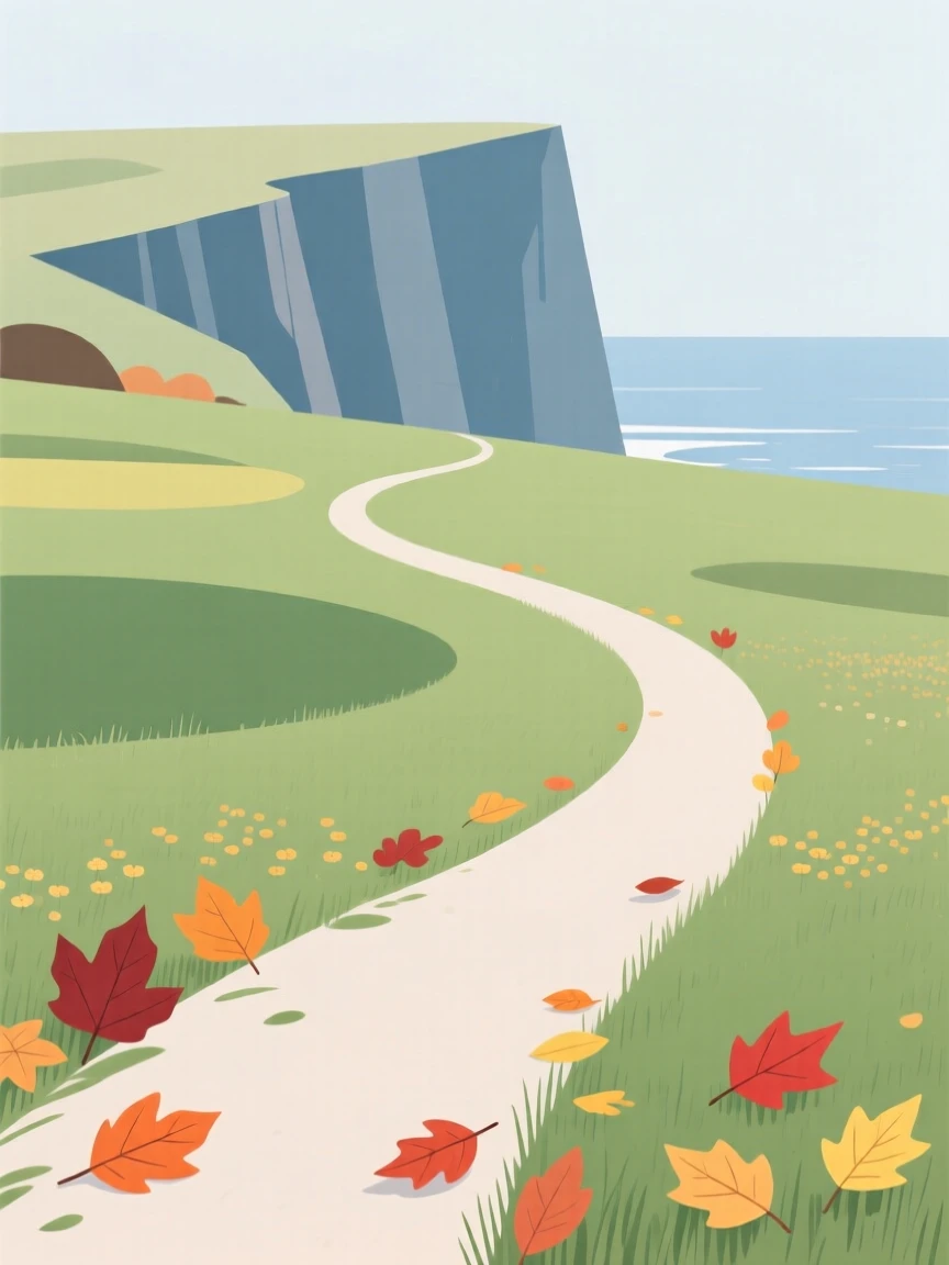 A winding path through a spring meadow after rain leading toward a sea cliff, with a scattering of autumn leaves scattered along the way, radiating quiet wonder.