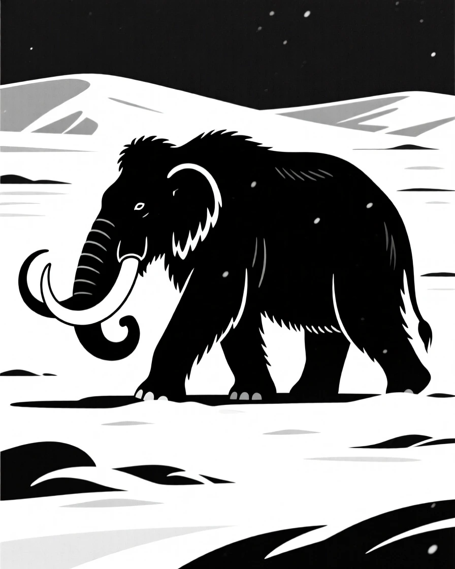 A Woolly Mammoth walking through a snowy tundra.