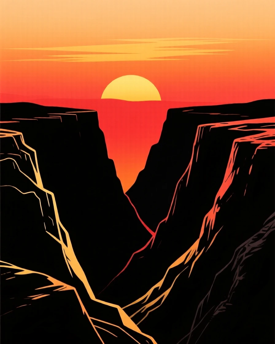 A deep canyon glowing orange and red as the sun sets behind its rim.
