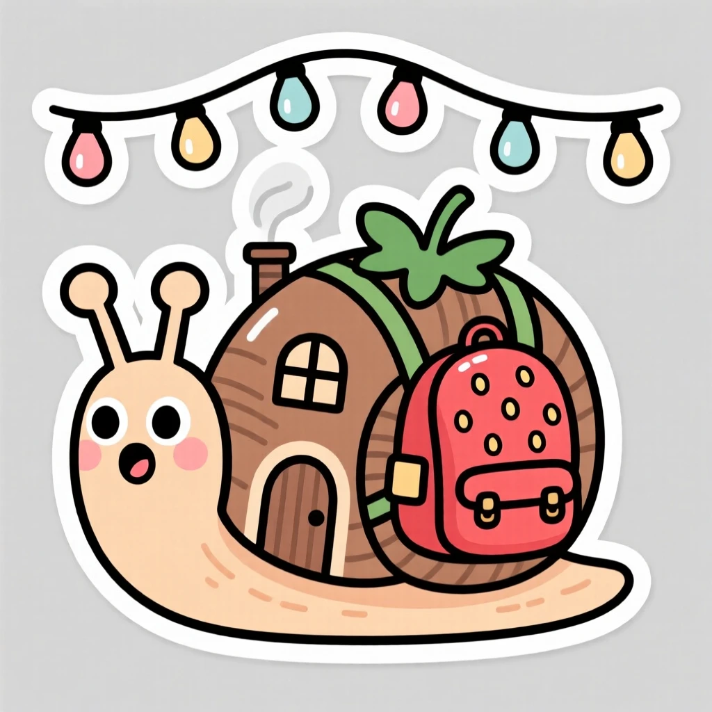 A surprised friendly snail with a shell house wearing a backpack shaped like a strawberry, under a string of fairy lights.