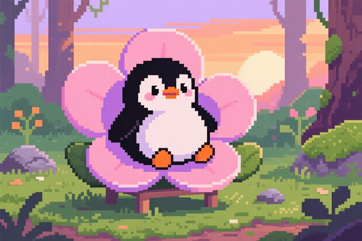 A plump baby penguin sitting inside a flower like a cozy chair, in a mossy forest clearing at dawn.