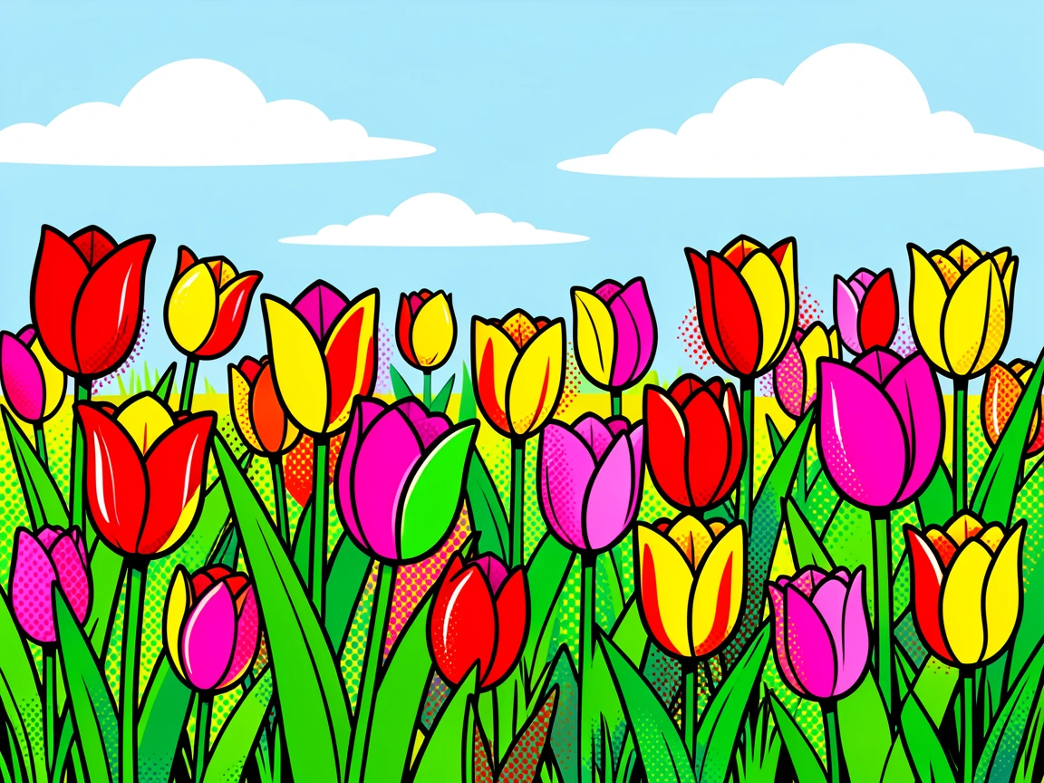 A spring meadow bursting with blooming tulips