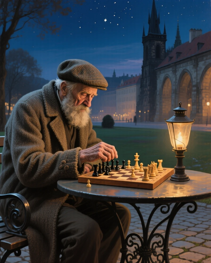 A tightly framed close-up of an old man playing chess alone in a quiet park, in old Prague, under the night sky.