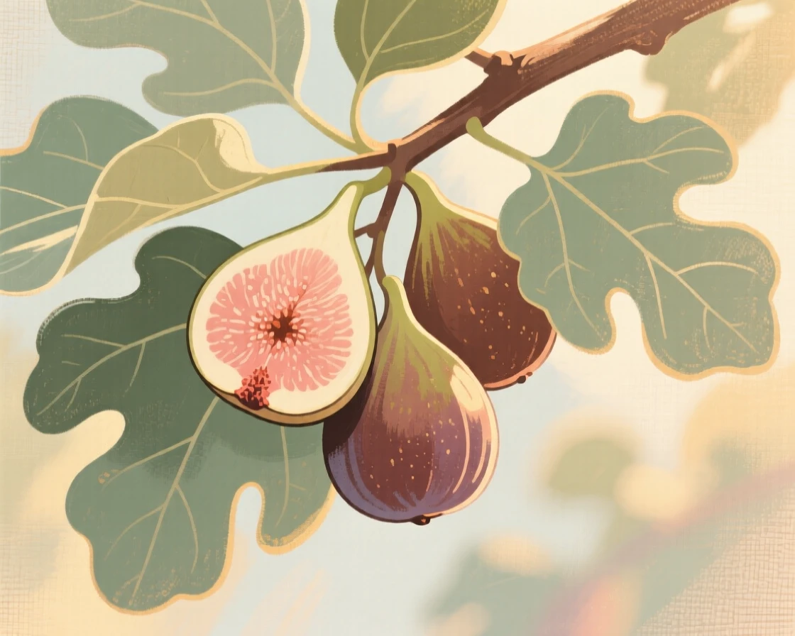 A close-up of ripe figs hanging from a leafy branch