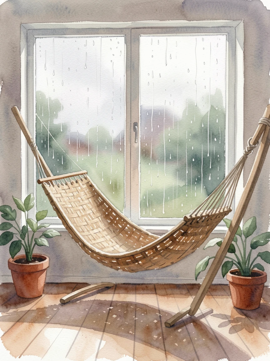 A sunroom with a hammock chair with rain visible through the window.
