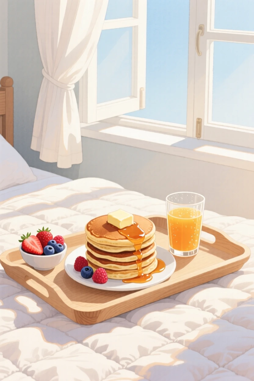 A breakfast tray with pancakes, berries, and orange juice rests on a quilted bed beside an open window with morning light