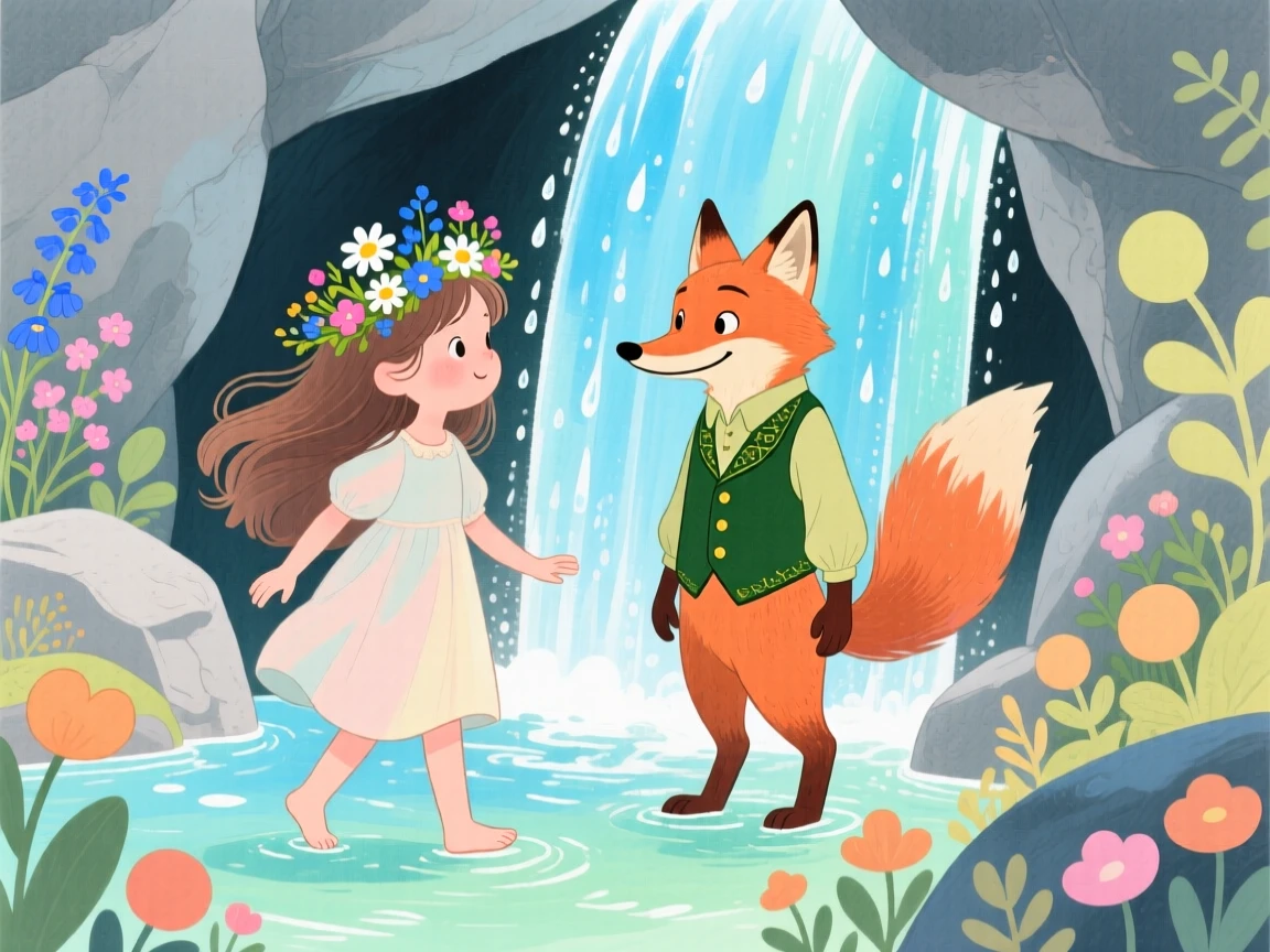A barefoot girl with flowers in her hair and a talking fox in a waistcoat exploring a sparkling waterfall grotto together.
