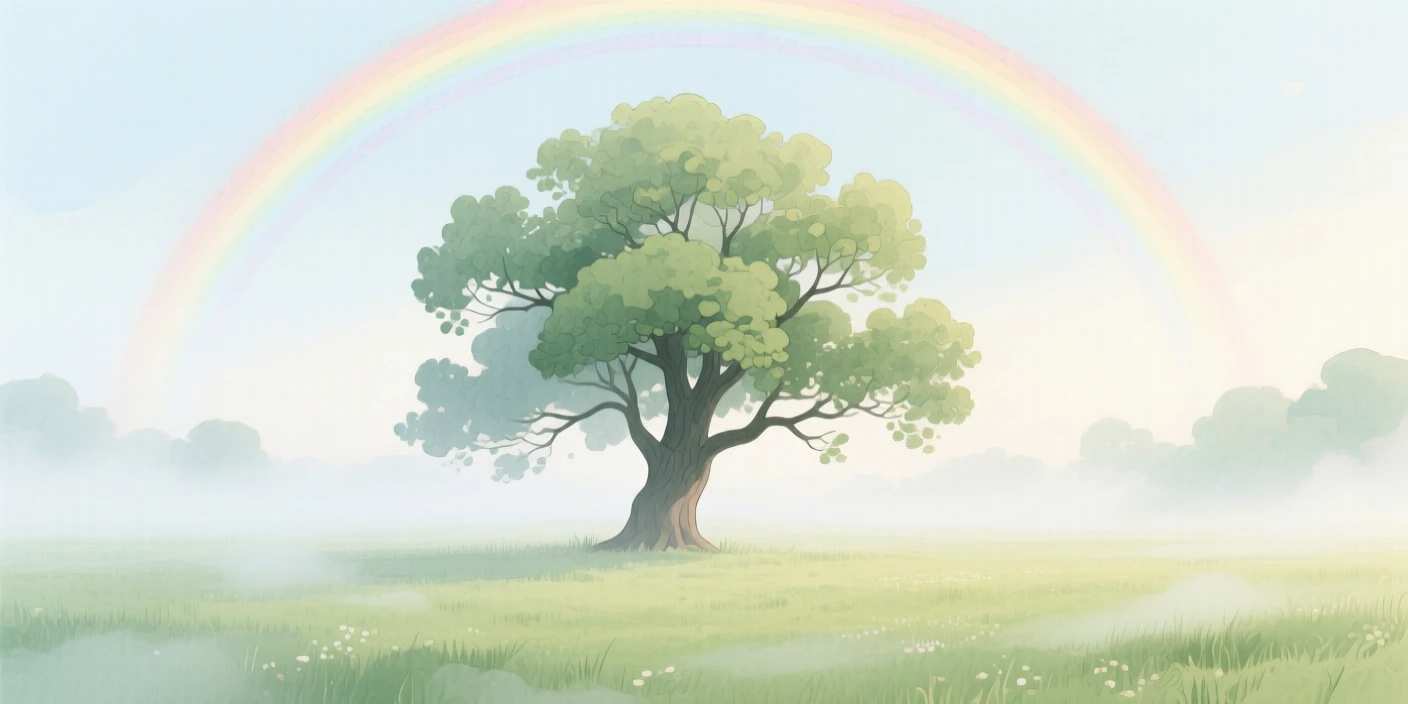 A meadow blanketed in morning fog with a lone oak tree, with a rainbow arching softly overhead, filled with quiet majesty and stillness.