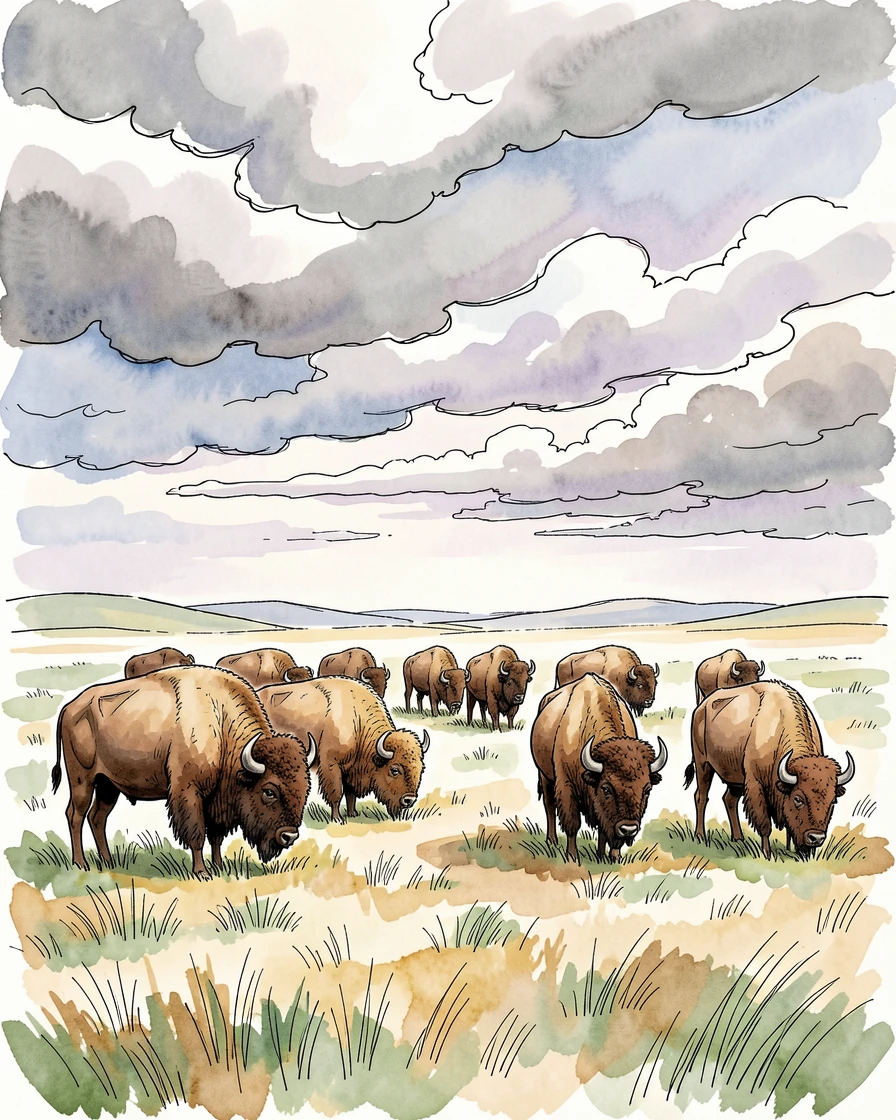 A herd of bison grazing peacefully on an open prairie beneath a dramatic cloudy sky