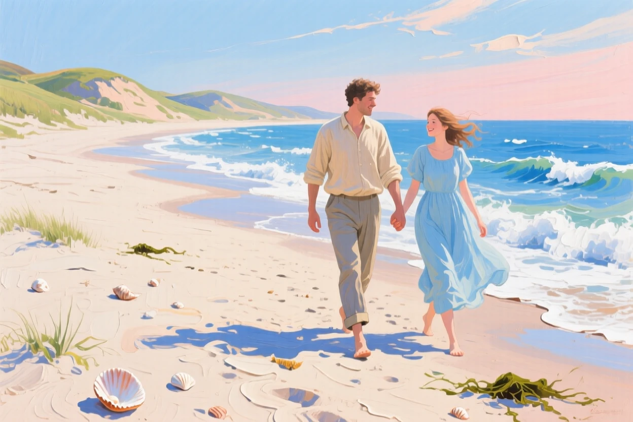 a couple walking along an empty beach, on a breezy spring afternoon, with a clear foreground, subject, and distant setting.