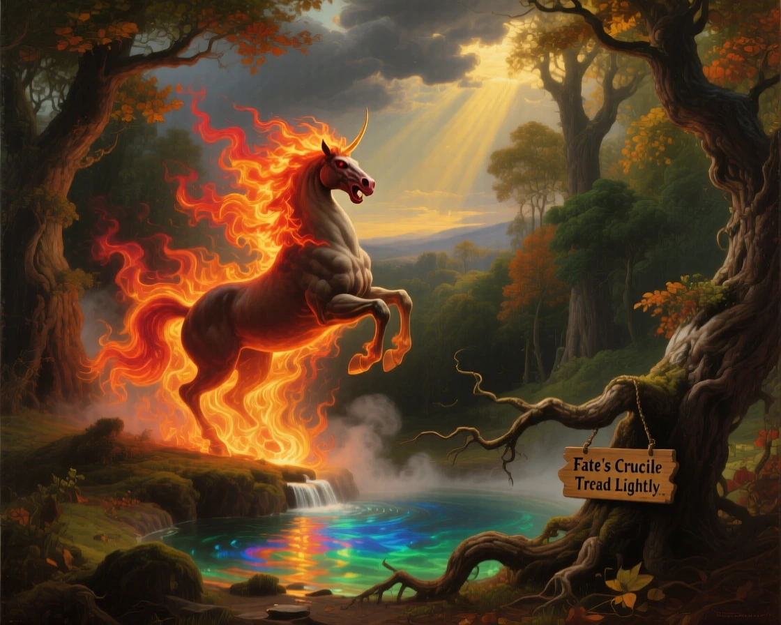 A centaur bursts into flame above a mystical spring hidden in the woods as fate hangs in the balance.