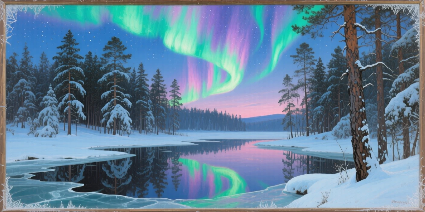 The aurora borealis dancing above a snow-covered pine forest, with reflections doubling the beauty of the landscape, designed to feel like a window into another world