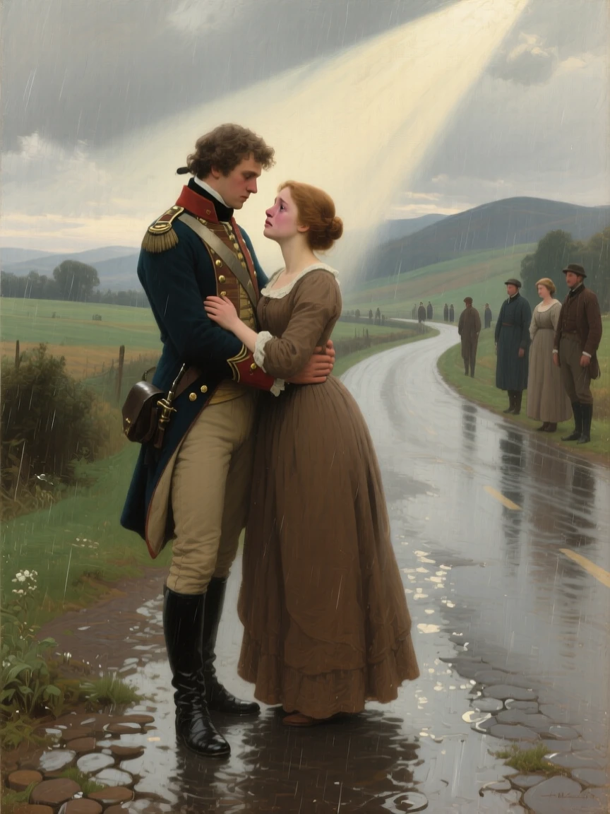 A young soldier saying farewell to his sweetheart before departing for war as tears and gratitude mix in equal measure, set on a rain-soaked road leading toward distant hills, with distant figures watching quietly from a respectful distance; diagonal light spills across the reunited figures, isolating them from the crowd, filled with gratitude, humility, and human warmth.