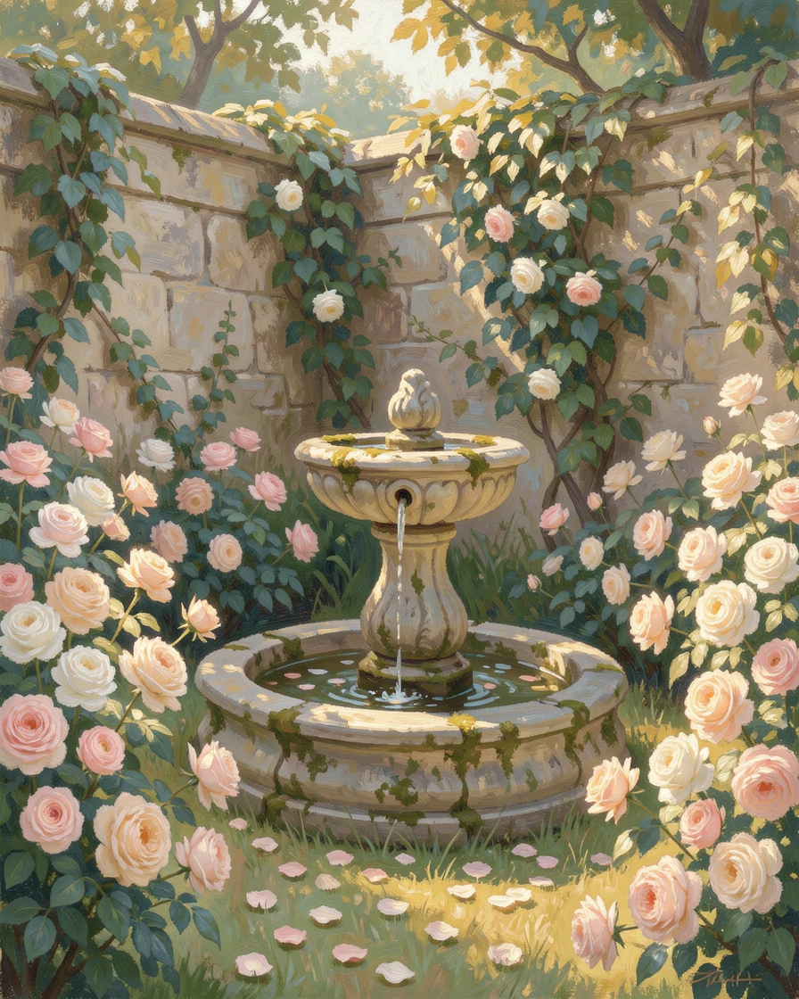 An old English rose garden with a weathered stone fountain at its center, ivy climbing the surrounding walls.