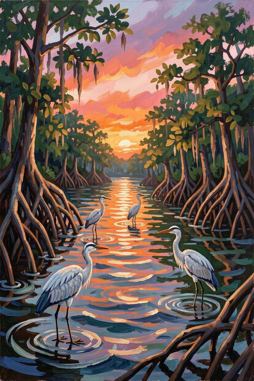A tranquil lagoon surrounded by mangroves at sunrise, herons wading in the shallows.