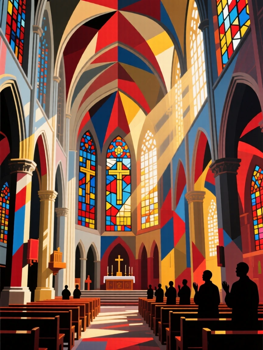 A grand cathedral interior with sunlight streaming through stained glass windows.