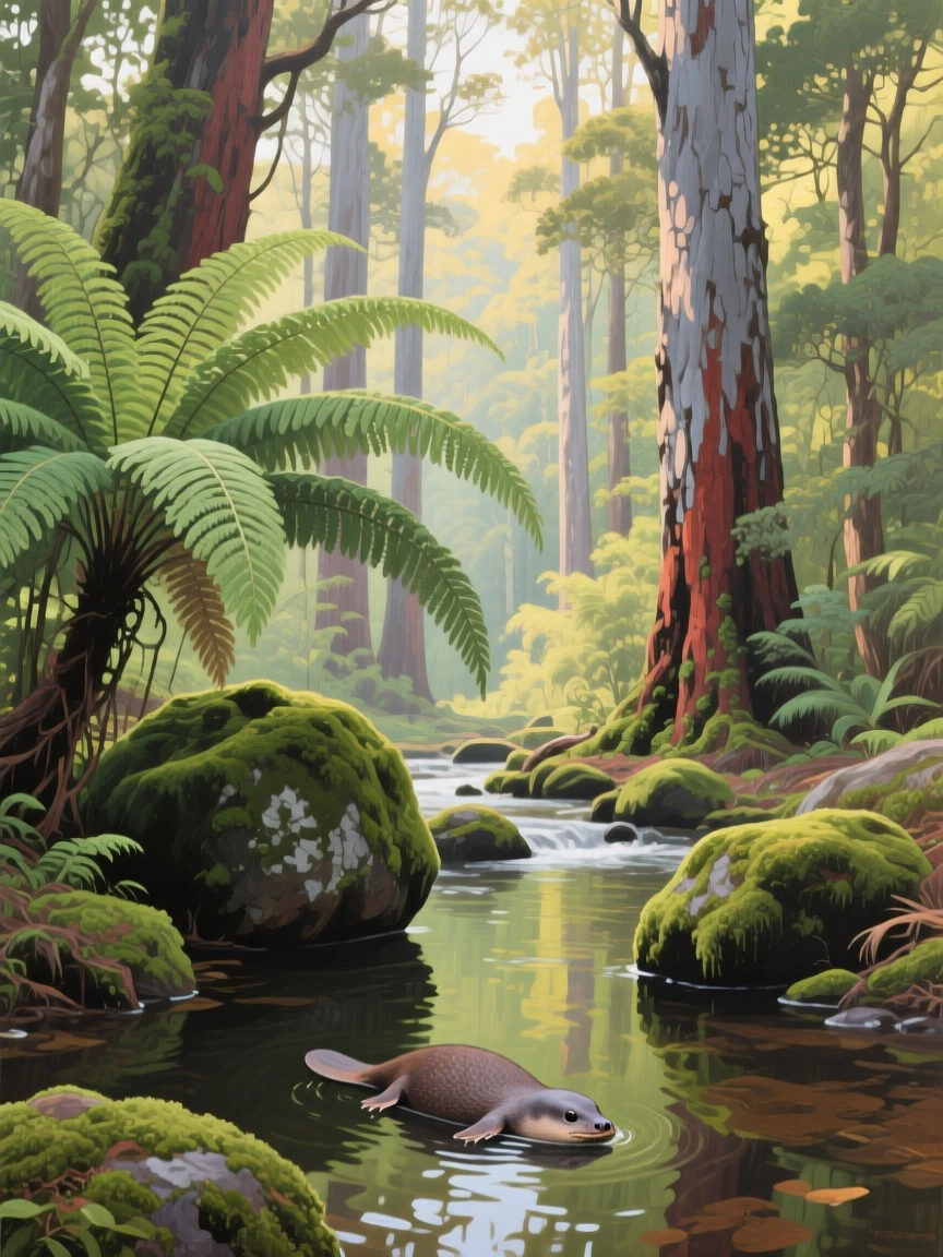 An old-growth forest in Tasmania shows massive tree ferns and mossy boulders beneath towering eucalyptus, a platypus swimming quietly in a nearby stream, everything rendered with quiet clarity under the steady, natural light of the hour.