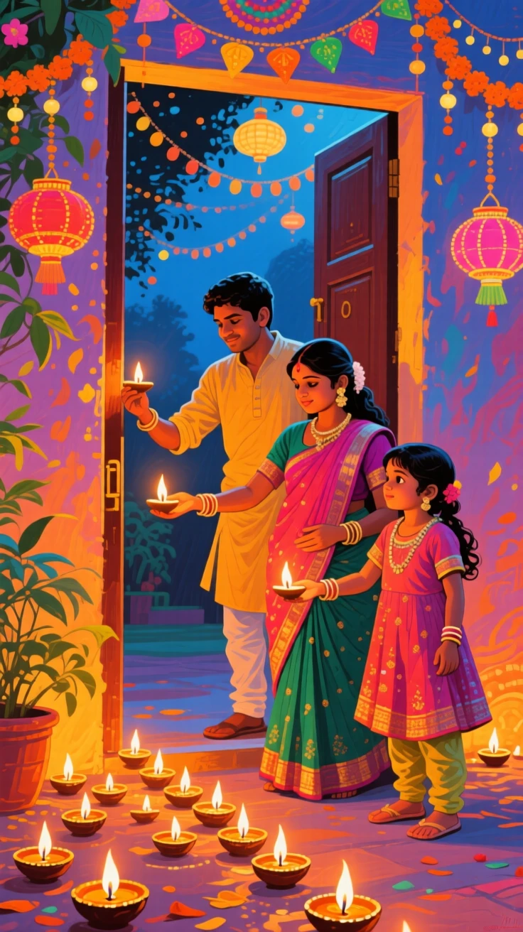 A vibrant Diwali celebration with a family lighting rows of small oil lamps along a doorway