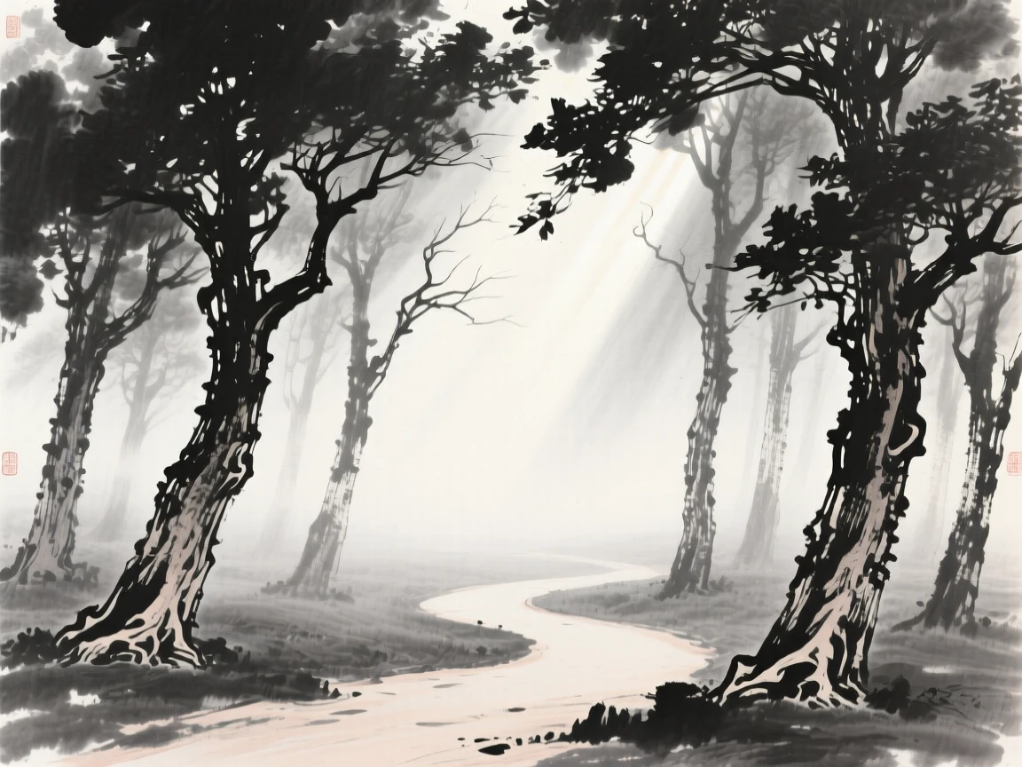 a forest path shrouded in mist, with sunlight filtering through the canopy.