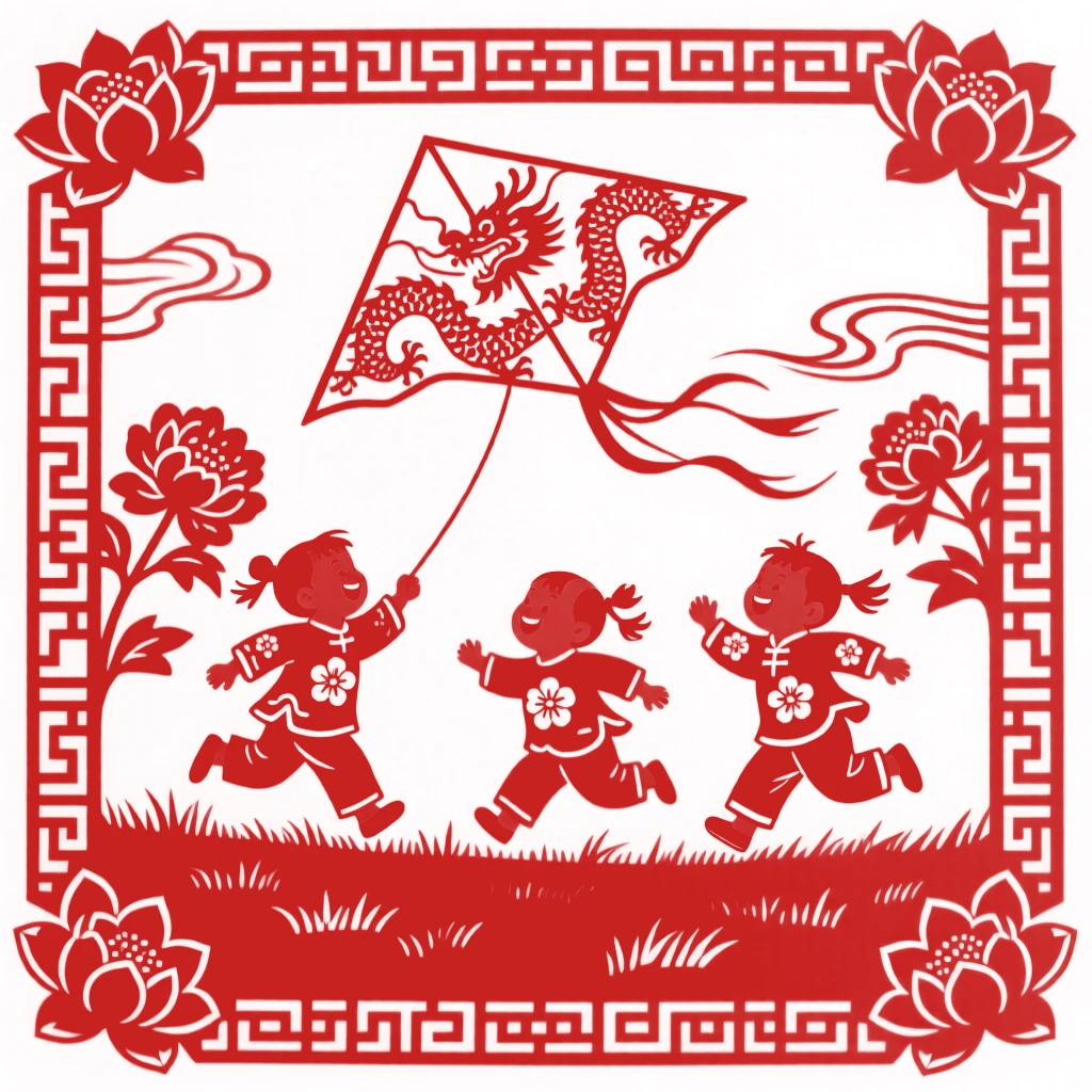 A cheerful group of playmates, chasing a paper kite across an open field, their laughter echoing through the courtyard.