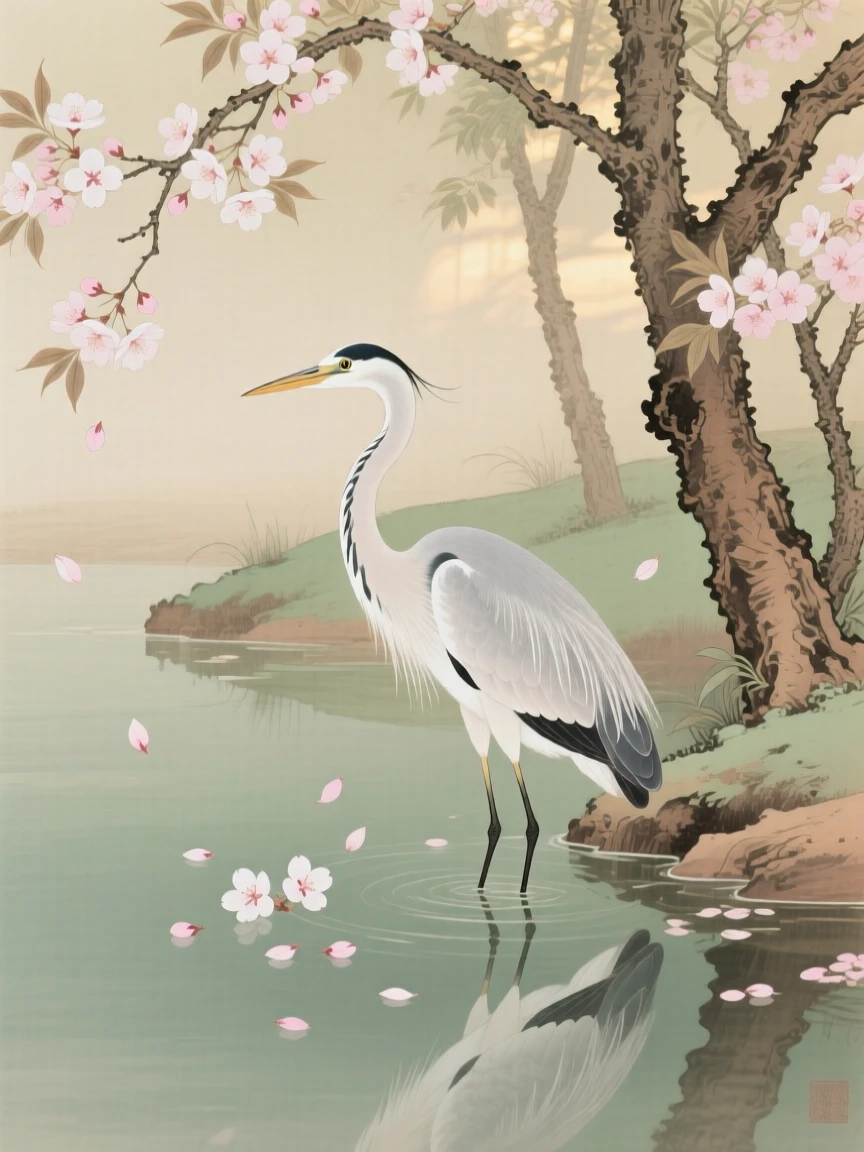 A heron surrounded by falling cherry blossom petals, soft morning light filtering through the branches