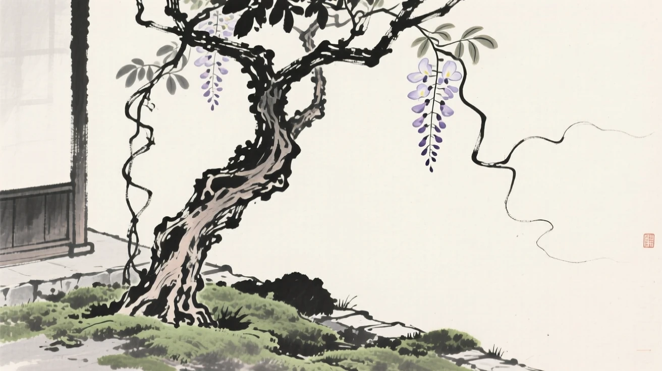 A twisted old wisteria vine at the edge of a moss-covered courtyard, composed with generous open space around it, evoking quiet elegance and simple grace.