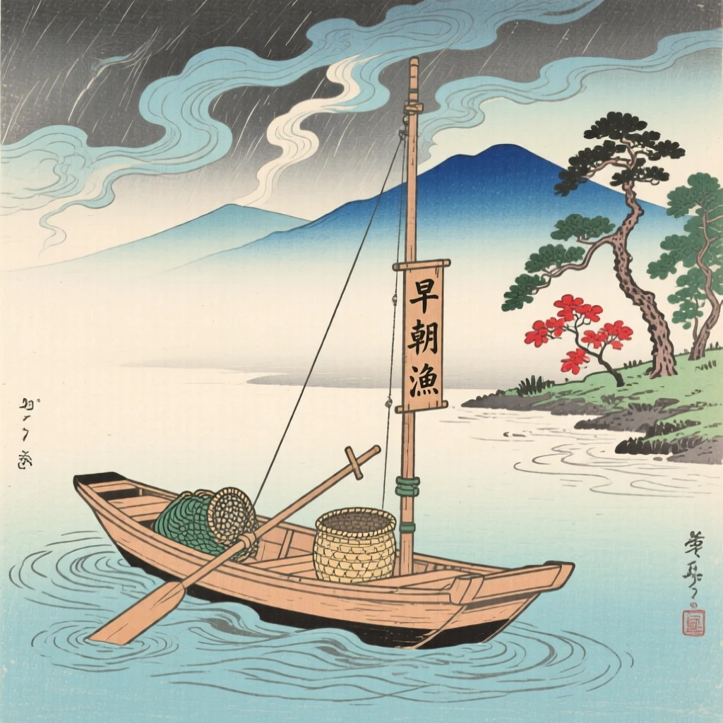 A small wooden fishing boat as a storm gathers on the horizon, on a calm misty morning.
