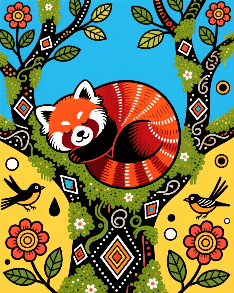 A red panda curled asleep in the fork of a mossy tree.