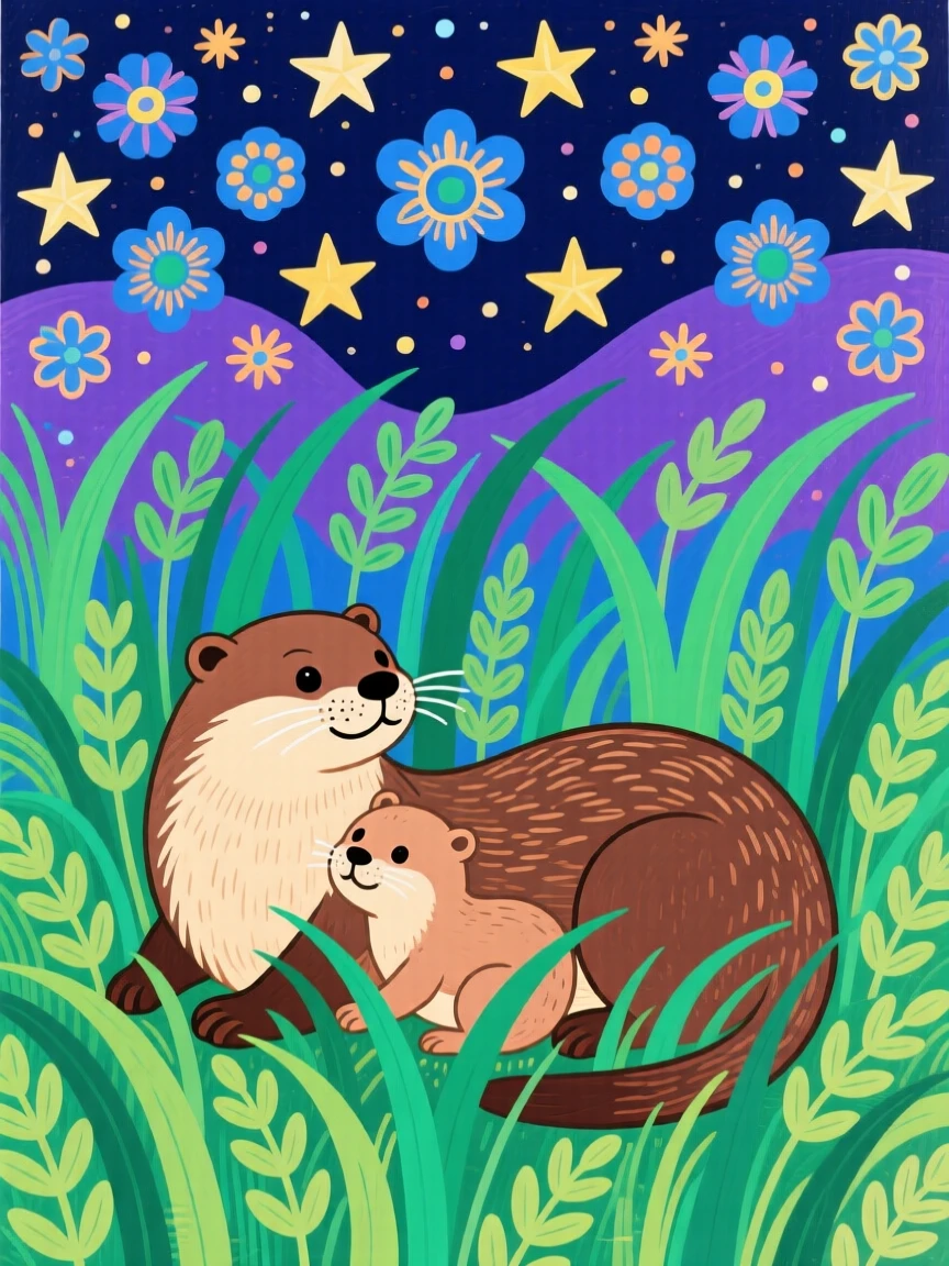 A otter with its young in a field of tall grass, beneath a sky full of stars.