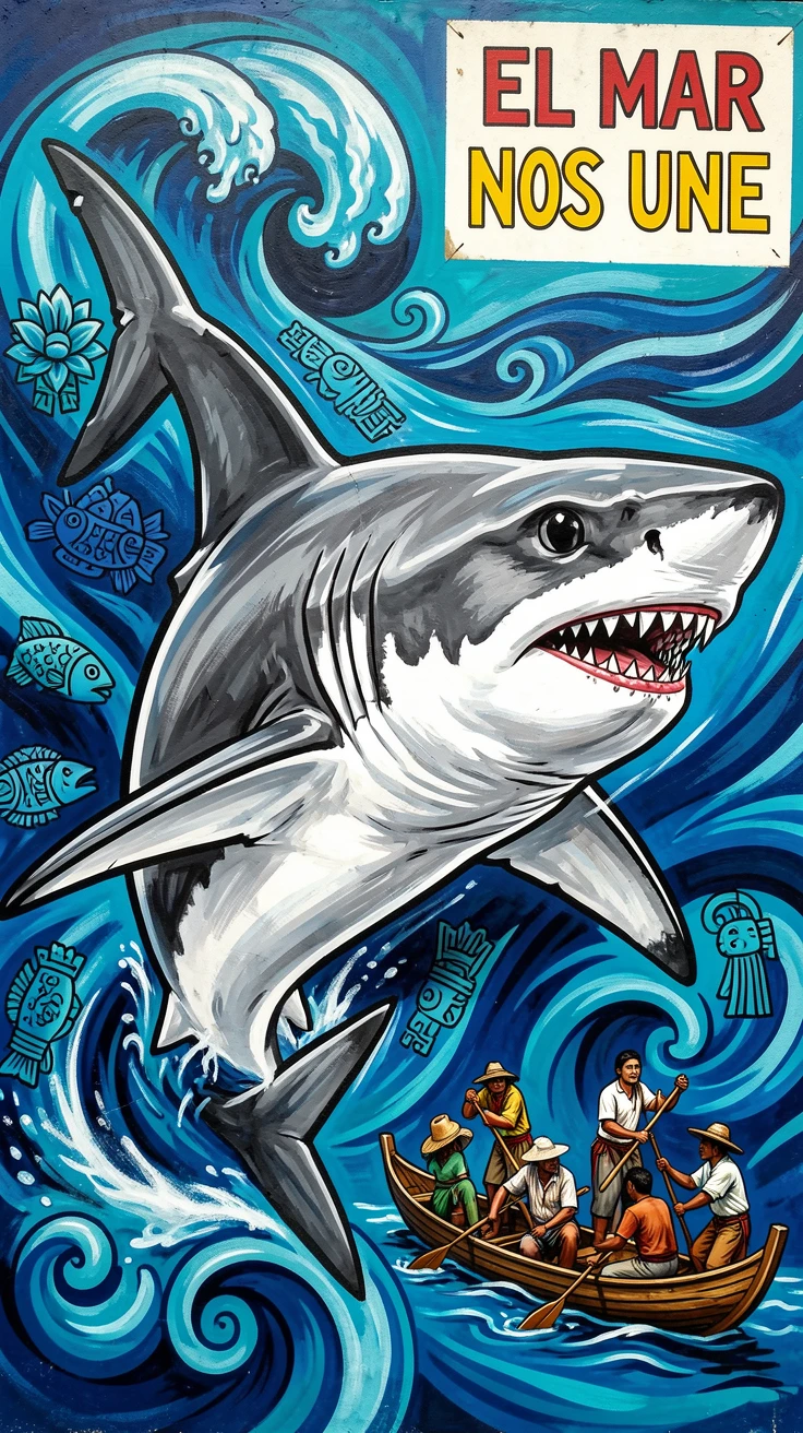 A great white shark gliding through deep blue water