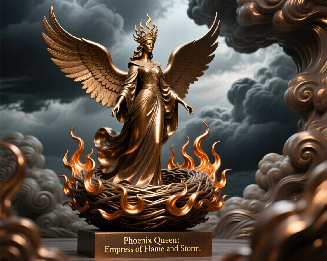 A phoenix queen presiding over a nest of fire, framed by dramatic storm clouds, radiating awe and grandeur