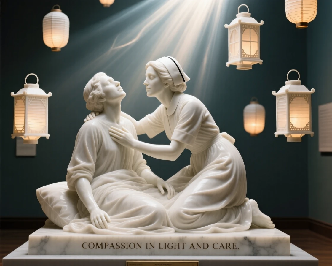 A tender portrait of a nurse comforting a patient, reaching upward toward the light, surrounded by floating lanterns, evoking warmth and humanity