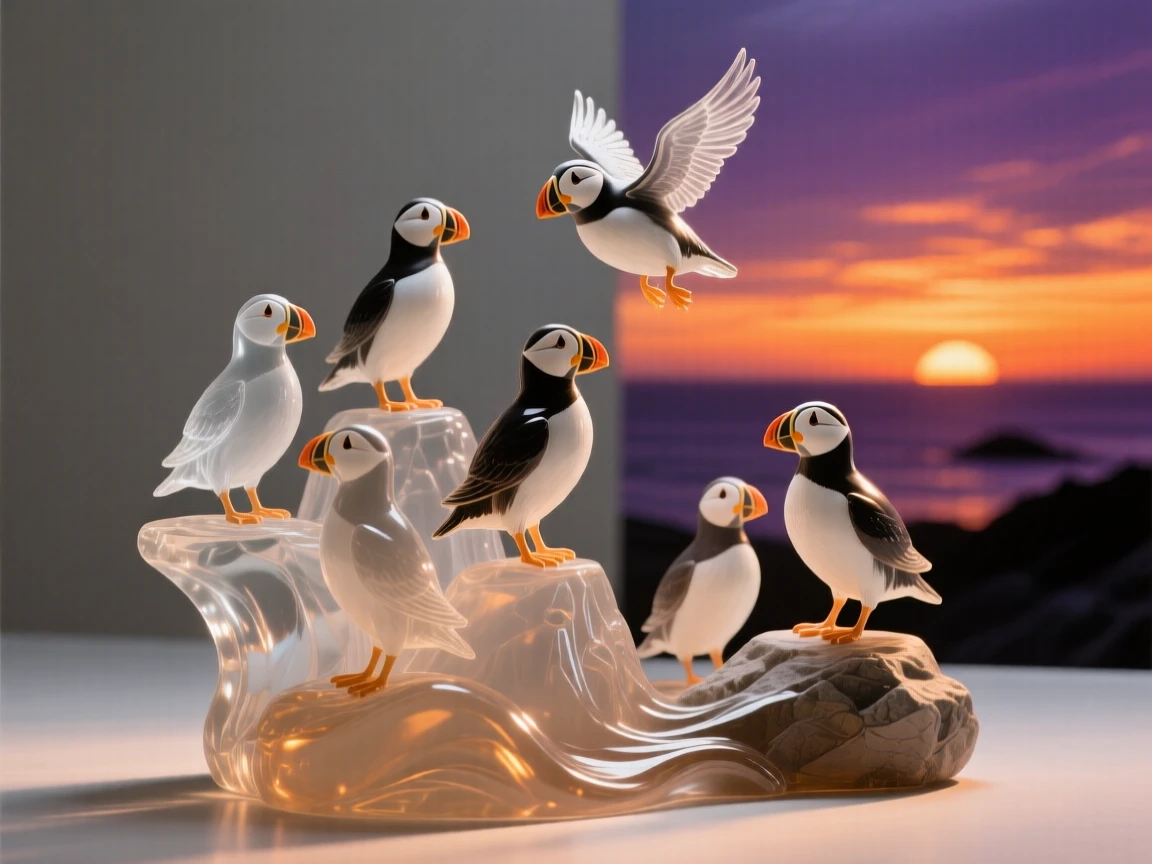 A puffin colony silhouetted against a dramatic sunset sky over rolling hills, warm orange and purple tones creating a serene, cinematic mood.