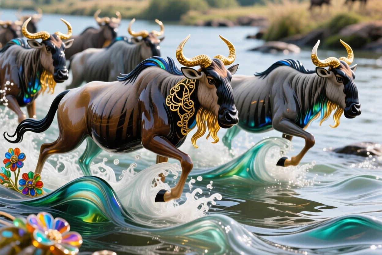 A herd of wildebeest thundering across a river during migration, epic and dramatic.