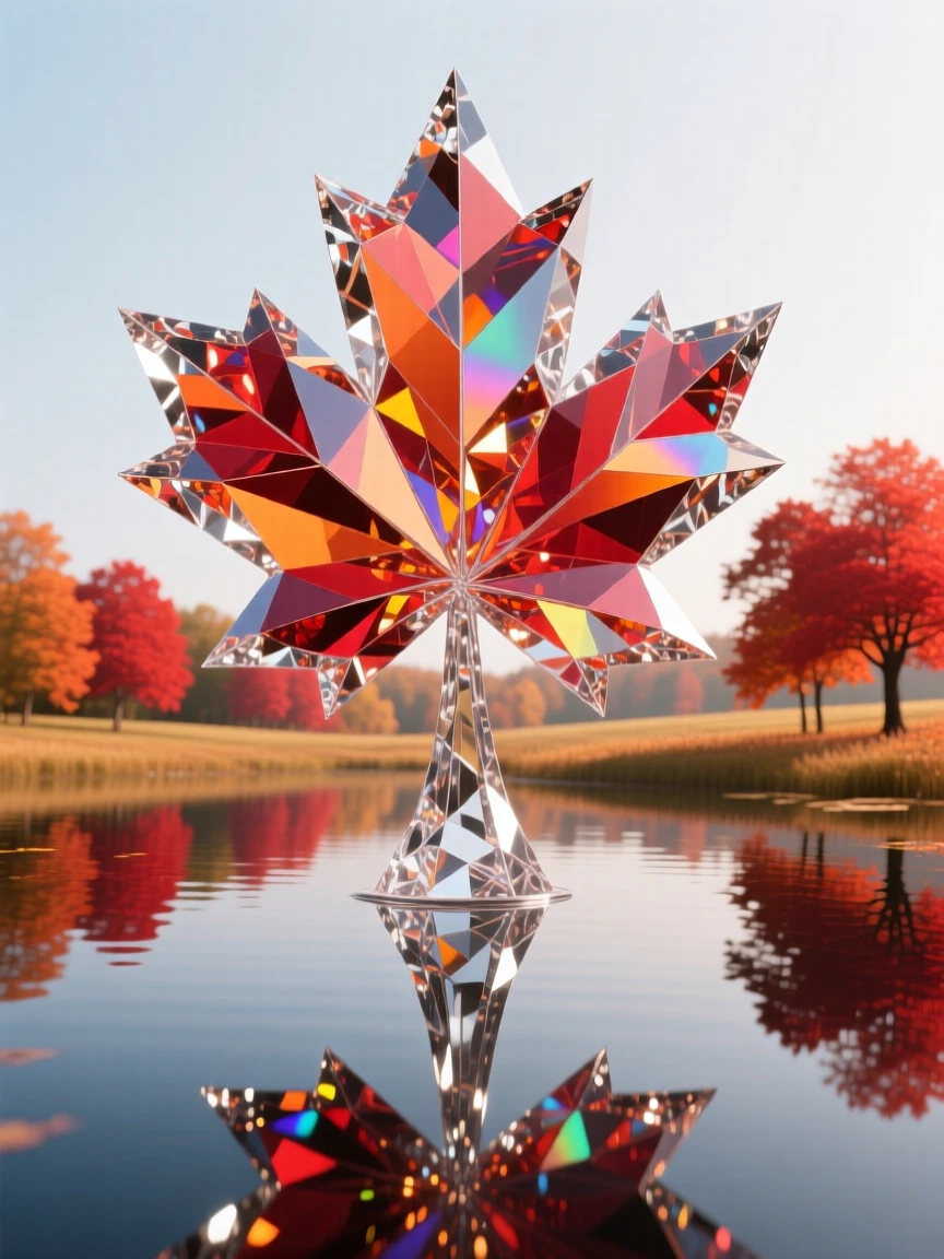 A field of red maple trees reflected perfectly in a still autumn lake.
