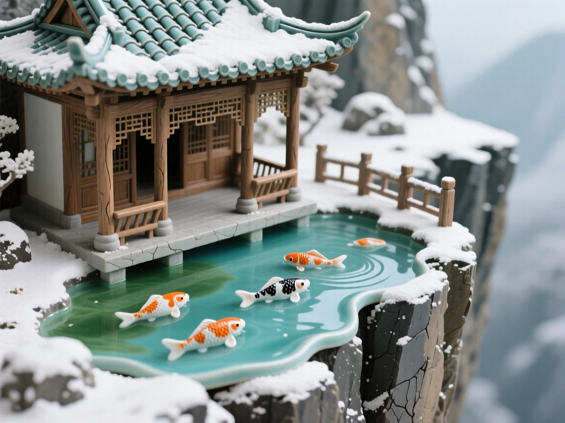 A garden pavilion beside a koi pond perched dramatically at the edge of a cliff, dusted lightly with fresh snow, conveying serenity and architectural majesty.