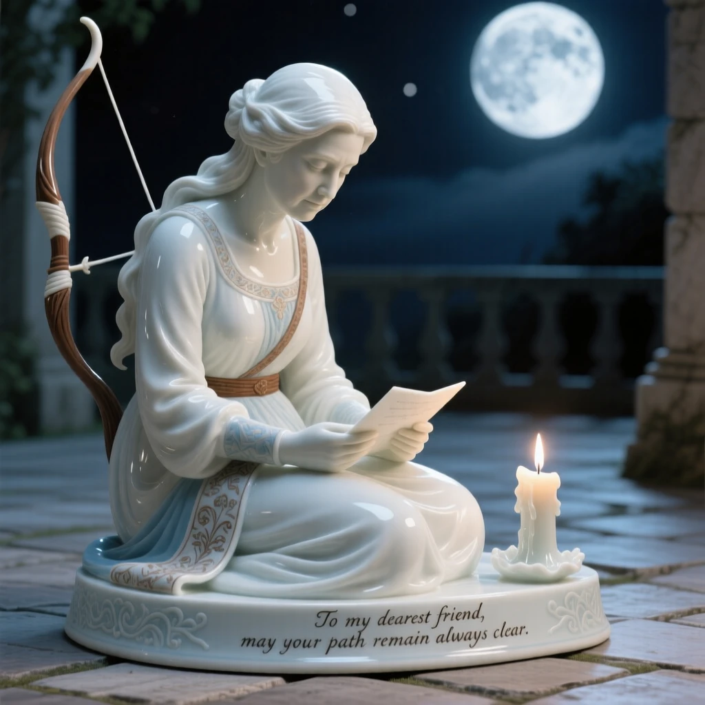 A middle-aged huntress reading a letter by candlelight, her gaze lowered in quiet grace, in a moonlit courtyard.