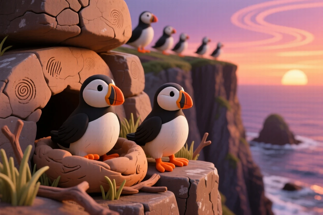 A puffin colony nesting along dramatic sea cliffs at sunset