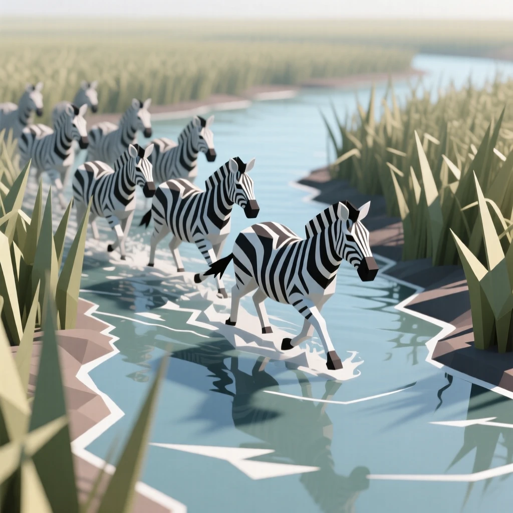 A zebra herd crossing a shallow river, amid tall swaying grass. the composition centers the subject with a shallow depth of field. It captures a fleeting moment of freedom.