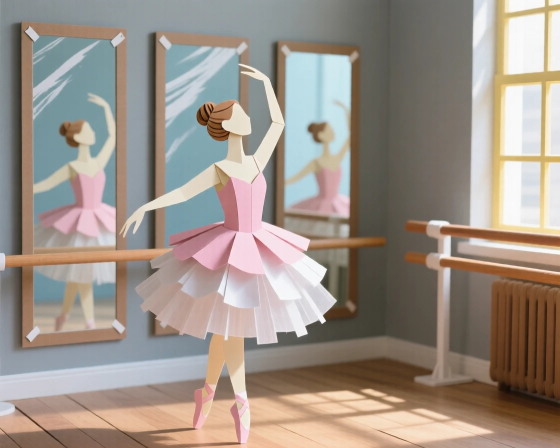 A ballerina practicing alone in a sunlit studio, her reflection multiplied in tall mirrors, soft light catching the movement of her tutu, evoking grace and quiet discipline.