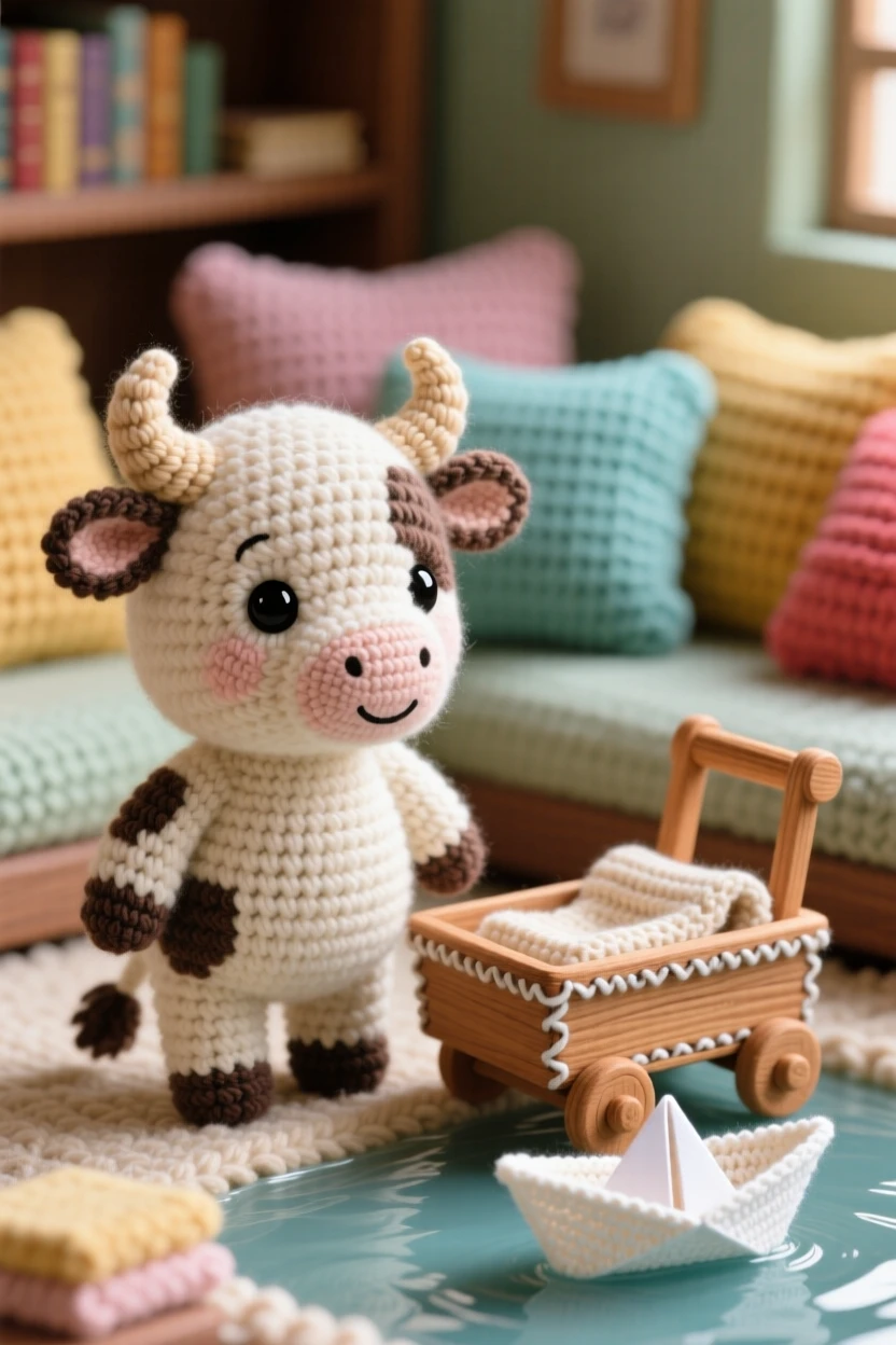 A heartwarming close-up of a small baby ox, with tiny budding horns and a woolly coat, standing patiently beside a wooden cart in a quiet library reading corner with soft cushions; a tiny paper boat floating nearby completes the scene, radiating a serene, storybook stillness.